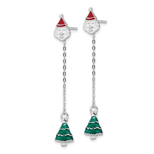 Rhodium-plated Silver Enameled Crystal Santa Tree Post Earrings