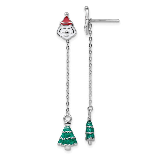 Rhodium-plated Silver Enameled Crystal Santa Tree Post Earrings