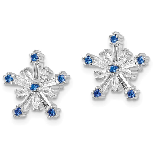 Rhodium-plated Sterling Silver Polished Blue & White CZ Snowflake Post Earr