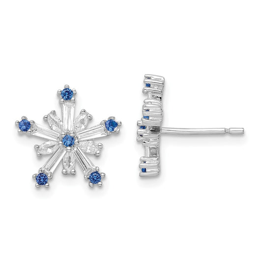 Rhodium-plated Sterling Silver Polished Blue & White CZ Snowflake Post Earr