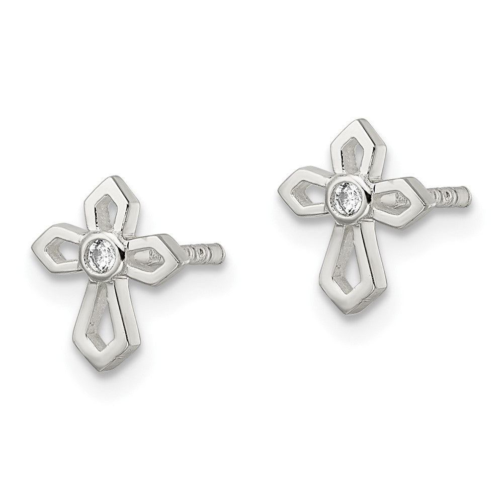 Sterling Silver Polished Cross CZ Post Earrings