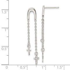 Sterling Silver Polished and Diamond-cut Cross Chain Dangle Post Earrings