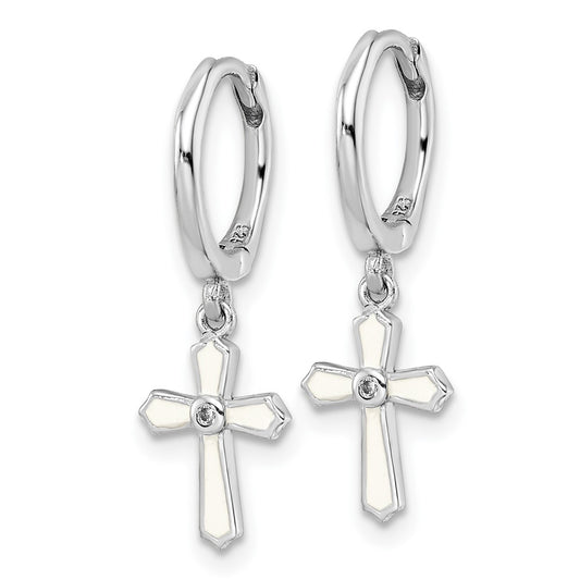 Rhodium-plated Sterling Silver Polished CZ White Enamel Cross Earrings