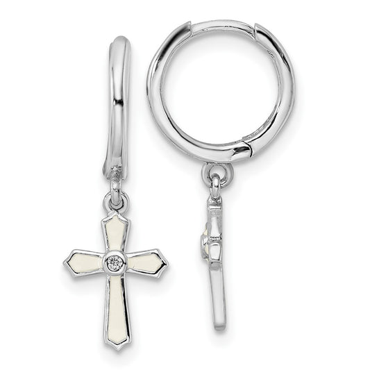 Rhodium-plated Sterling Silver Polished CZ White Enamel Cross Earrings