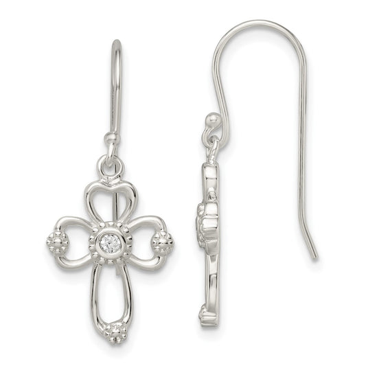 Sterling Silver CZ Cross Shepherd Hook Earrings