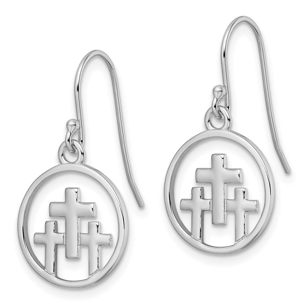 Rhodium-plated Sterling Silver 3 Crosses in Circle Dangle Earrings