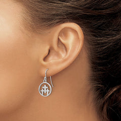 Rhodium-plated Sterling Silver 3 Crosses in Circle Dangle Earrings