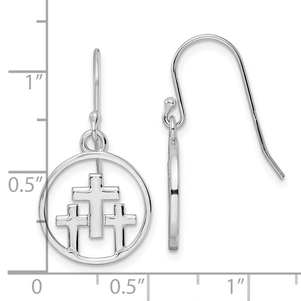 Rhodium-plated Sterling Silver 3 Crosses in Circle Dangle Earrings