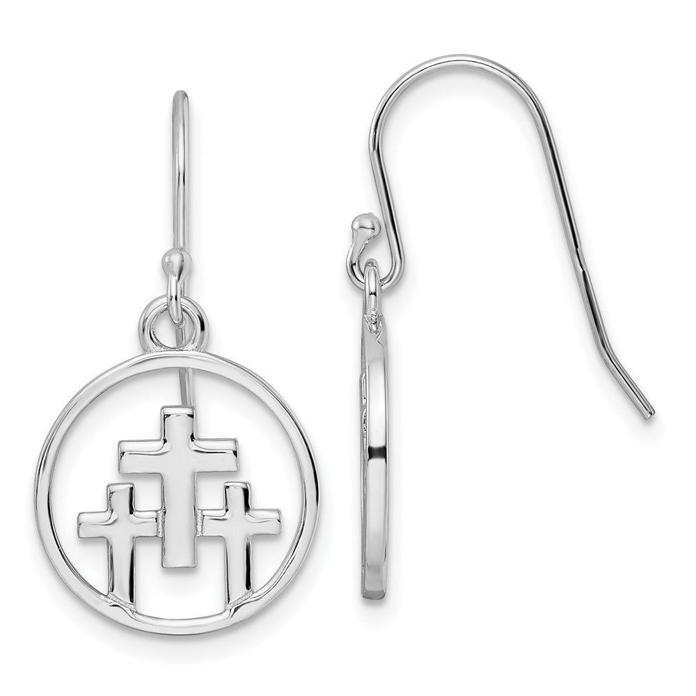 Rhodium-plated Sterling Silver 3 Crosses in Circle Dangle Earrings