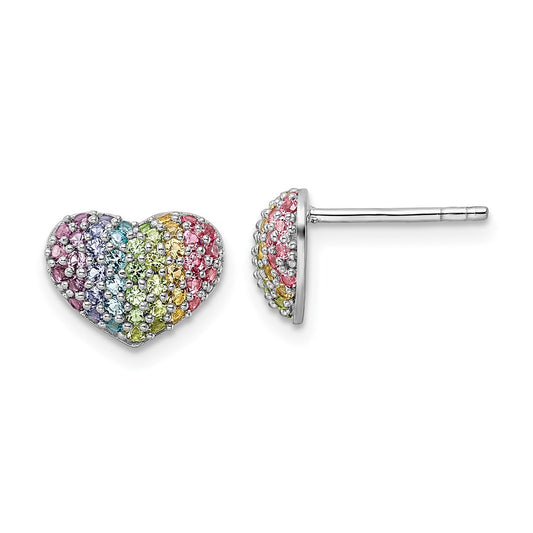 Rhodium-plated Sterling Silver Rainbow Nano Crystal Heart Post Earrings