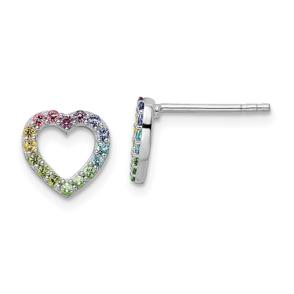 Rhodium-plated Sterling Silver Rainbow Nano Crystal Heart Post Earrings