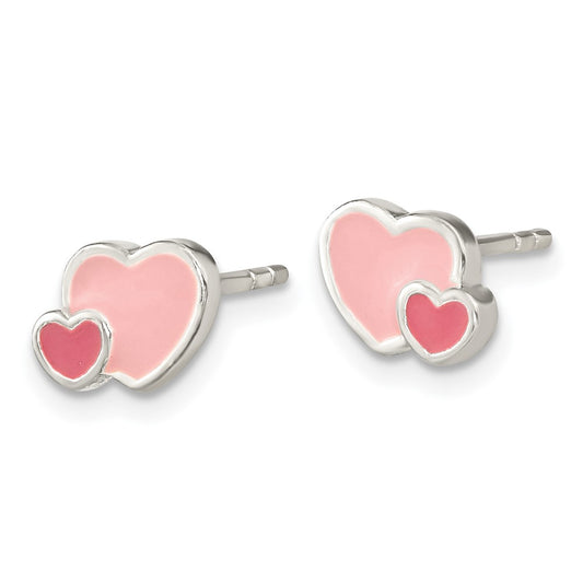 Sterling Silver Pink Hot Pink Enamel Double Heart Post Earrings