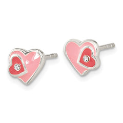 Sterling Silver Pink Hot Pink Enamel CZ Double Heart Post Earrings
