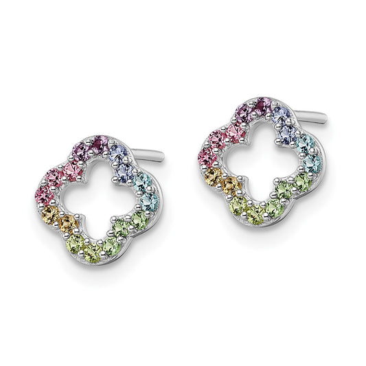 Rhodium-plated Sterling Silver Rainbow Nano Crystal Clover Post Earrings