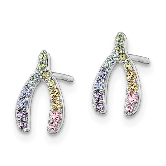 Rhodium-plated Sterling Silver Rainbow Nano Crystal Wishbone Post Earrings