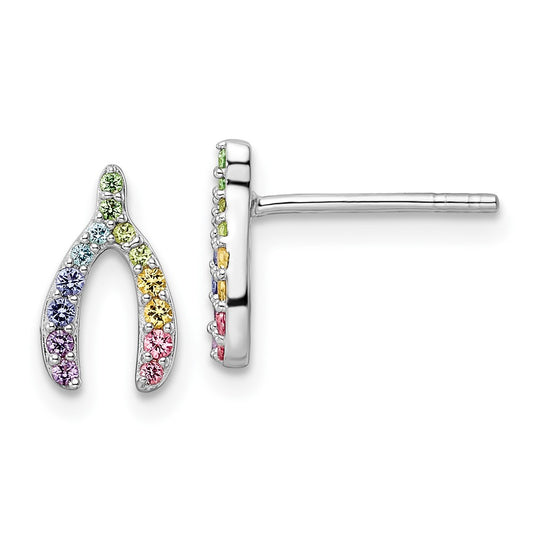 Rhodium-plated Sterling Silver Rainbow Nano Crystal Wishbone Post Earrings