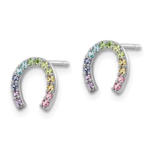 Rhodium-plated Sterling Silver Post Rainbow Nano Crystal Horseshoe Earrings