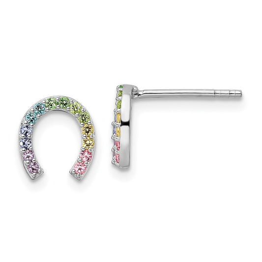 Rhodium-plated Sterling Silver Post Rainbow Nano Crystal Horseshoe Earrings