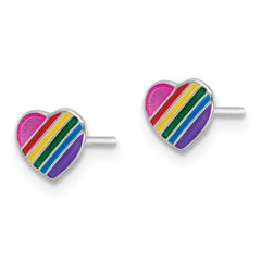 Rhodium-plated Silver Enamel Kids Rainbow Heart Post Earrings