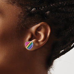 Rhodium-plated Silver Enamel Kids Rainbow Heart Post Earrings