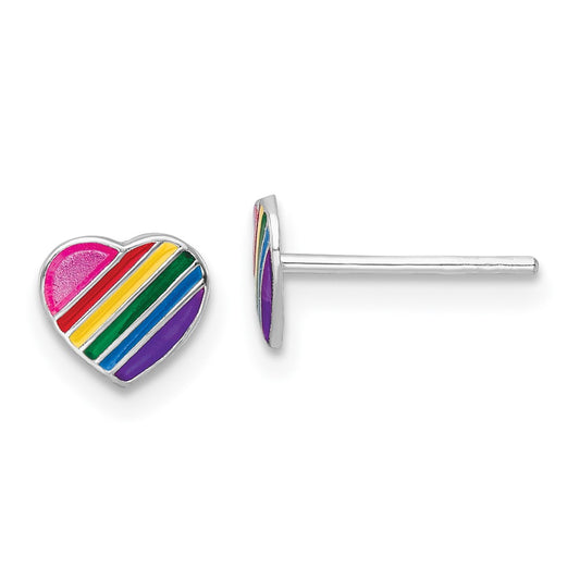 Rhodium-plated Silver Enamel Kids Rainbow Heart Post Earrings