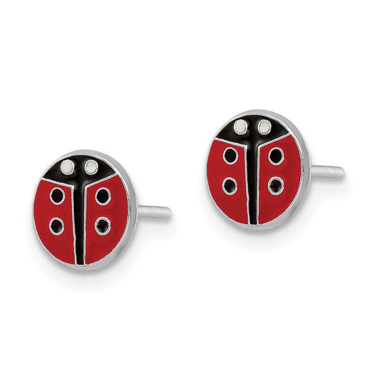 Rhodium-plated Silver Enamel Kids Lady Bug Post Earrings