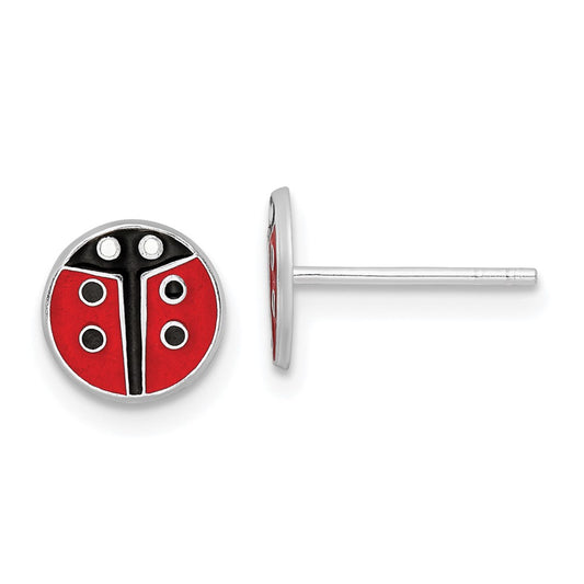 Rhodium-plated Silver Enamel Kids Lady Bug Post Earrings