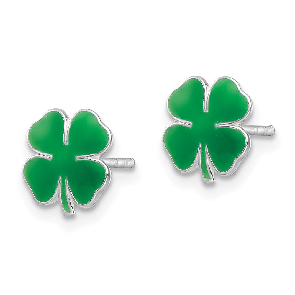 Rhodium-plated Silver Enamel Kids Four Leaf Clover Post Earrings