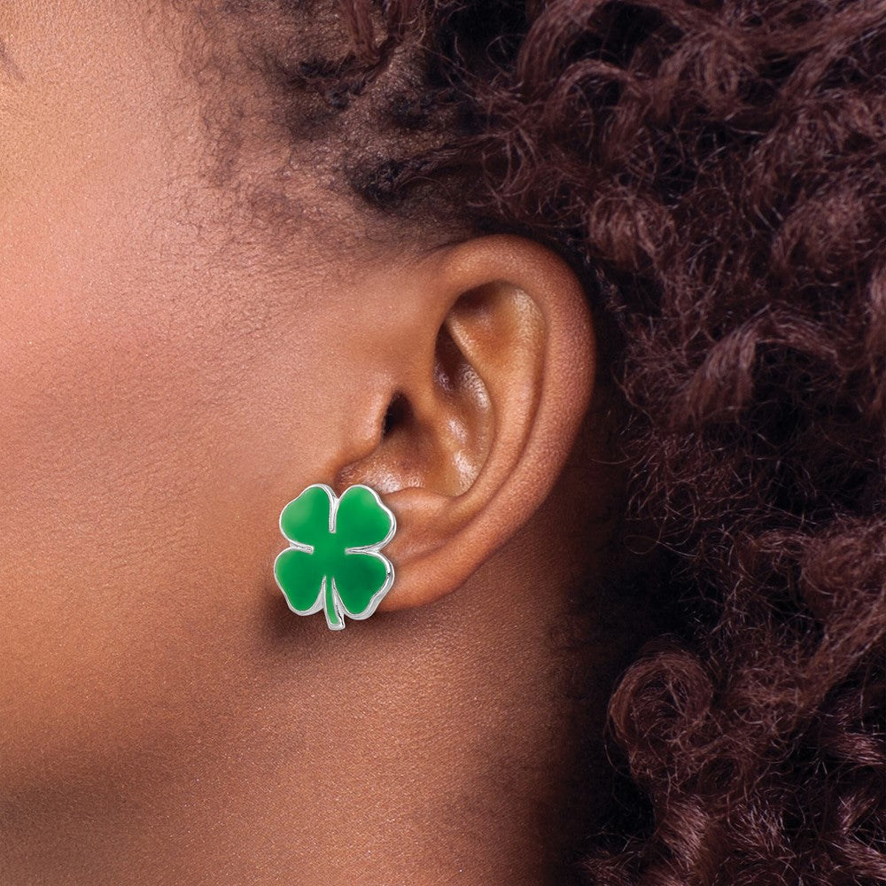 Rhodium-plated Silver Enamel Kids Four Leaf Clover Post Earrings