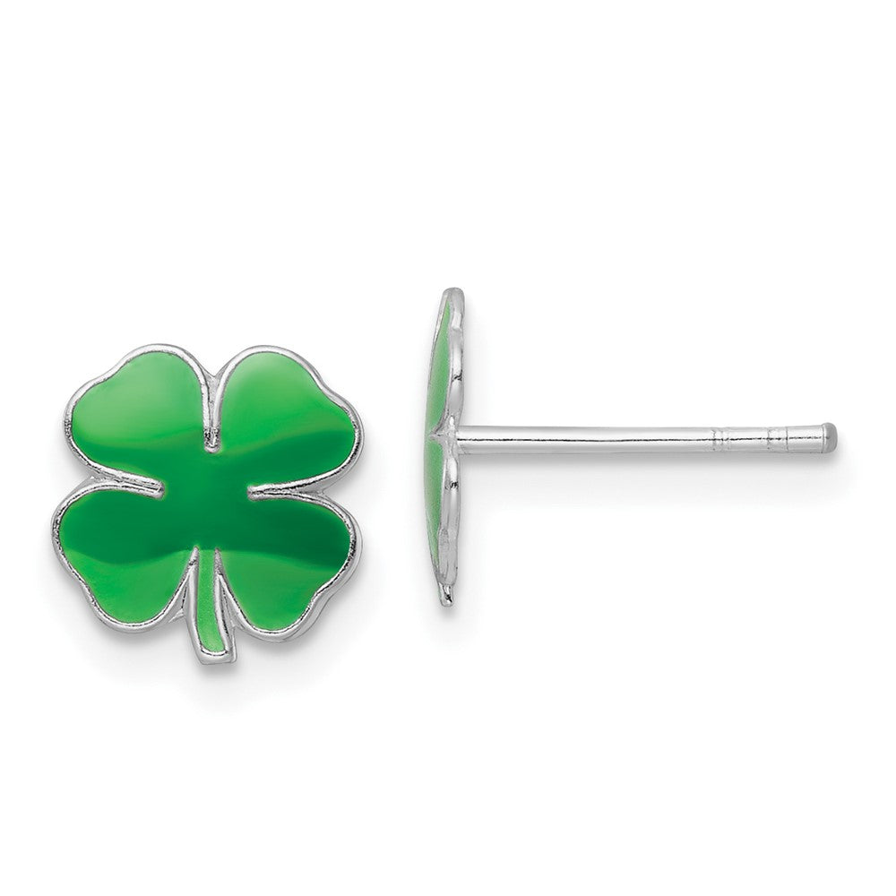 Rhodium-plated Silver Enamel Kids Four Leaf Clover Post Earrings