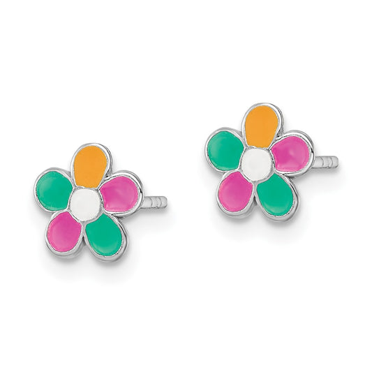 Rhodium-plated Silver Enamel Kids Flower Post Earrings