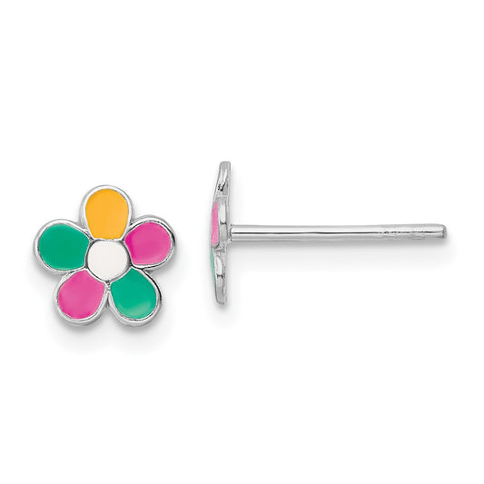 Rhodium-plated Silver Enamel Kids Flower Post Earrings