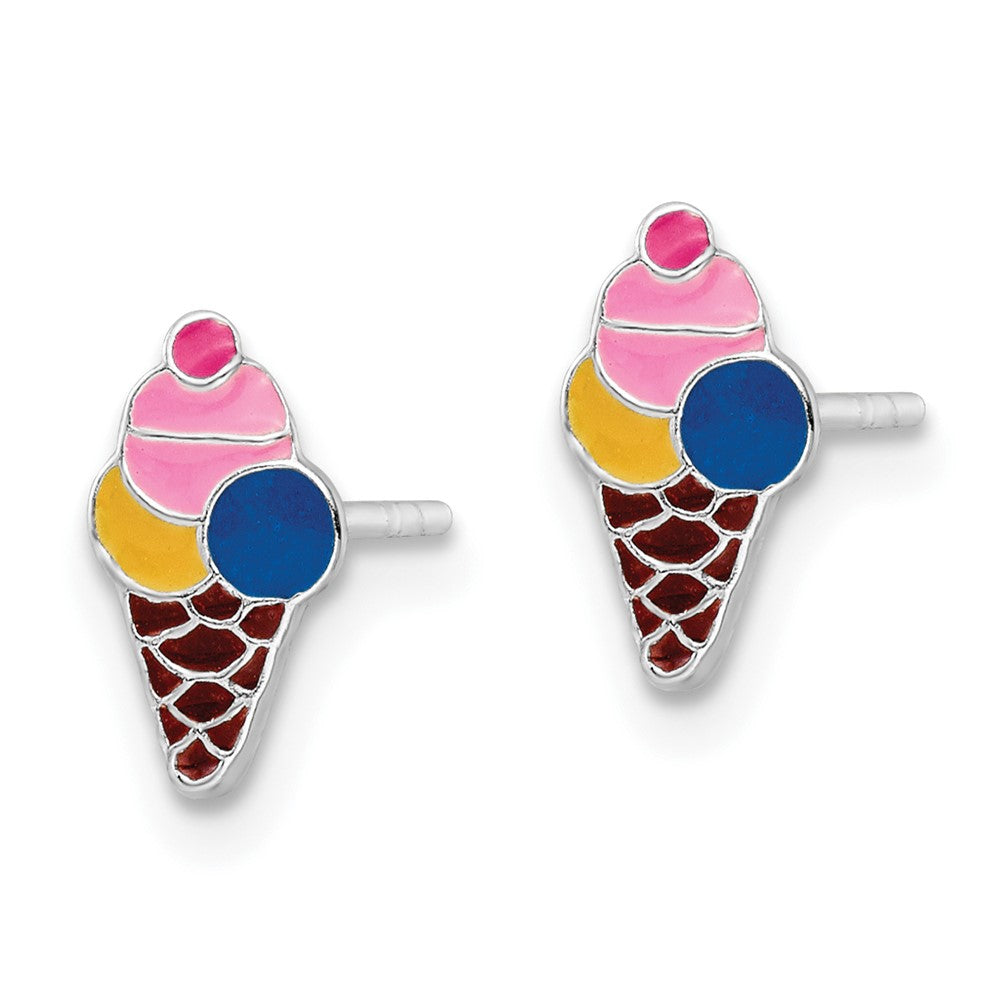 Rhodium-plated Silver Enamel Kids Ice Cream Cone Post Earrings