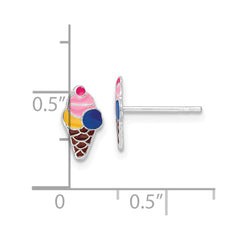 Rhodium-plated Silver Enamel Kids Ice Cream Cone Post Earrings