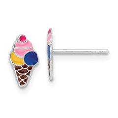 Rhodium-plated Silver Enamel Kids Ice Cream Cone Post Earrings