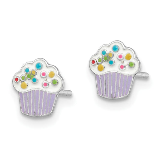 Rhodium-plated Silver Enamel Kids Cupcake Post Earrings