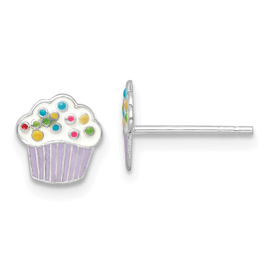 Rhodium-plated Silver Enamel Kids Cupcake Post Earrings