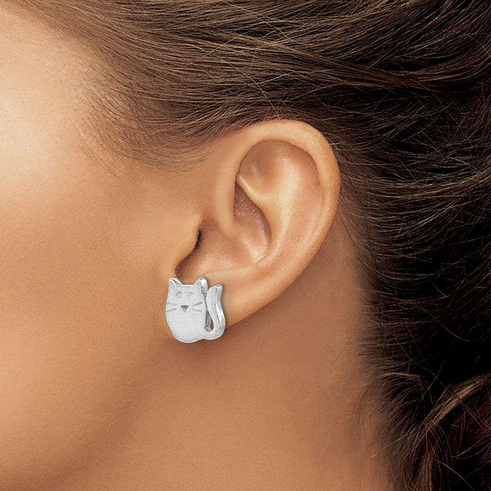 Rhodium-plated Silver Satin Cat Post Earrings