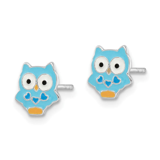 Rhodium-plated Silver Enamel Kids Blue Owl Post Earrings