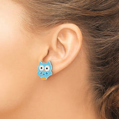 Rhodium-plated Silver Enamel Kids Blue Owl Post Earrings