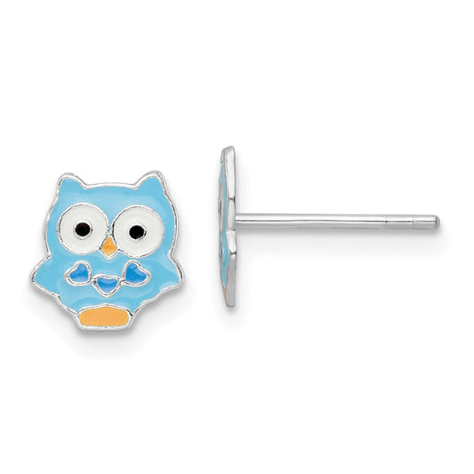 Rhodium-plated Silver Enamel Kids Blue Owl Post Earrings