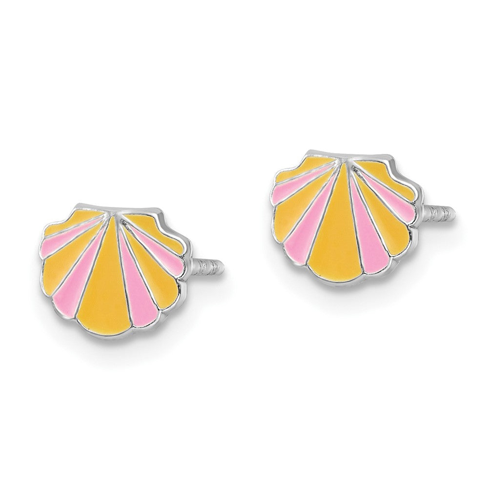 Rhodium-plated Silver Enamel Kids Shell Post Earrings