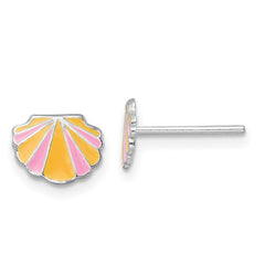 Rhodium-plated Silver Enamel Kids Shell Post Earrings