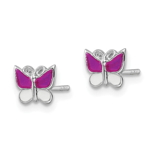 Rhodium-plated Silver Enamel Kids Butterfly Post Earrings