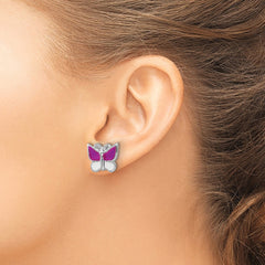 Rhodium-plated Silver Enamel Kids Butterfly Post Earrings