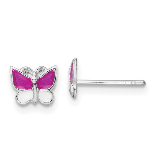 Rhodium-plated Silver Enamel Kids Butterfly Post Earrings