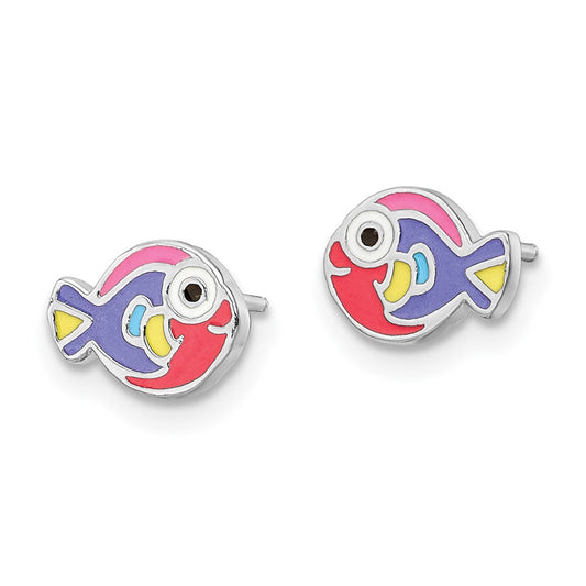 Rhodium-plated Sterling Silver Enameled Fish Post Earrings