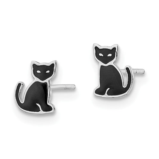 Rhodium-plated Sterling Silver Enameled Black Cat Post Earrings