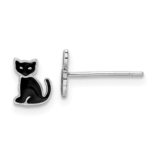 Rhodium-plated Sterling Silver Enameled Black Cat Post Earrings