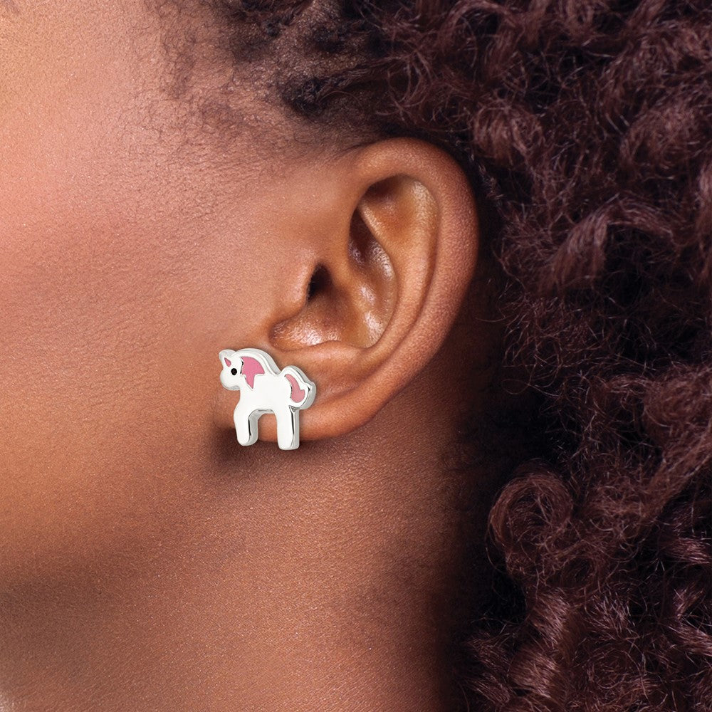 Sterling Silver Pink Enamel Unicorn Post Earrings